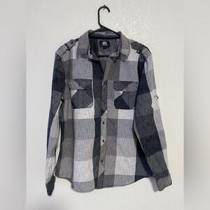 Rock & Republic Mens Black Grey Plaid Long Sleeve Shirt